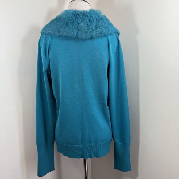 VTG WR Cardigan L 90s Y2K Silk Blend Fur Trim Sweater Turquoise Diamanté Zip-Up - Picture 4 of 9